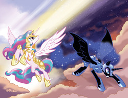 Size: 981x756 | Tagged: safe, artist:tony fleecs, idw, nightmare moon, princess celestia, pony, g4, armor, clean