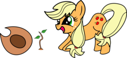 Size: 1000x460 | Tagged: safe, artist:dbapplejack, applejack, bloomberg, earth pony, pony, g4, female, happy, hatless, mare, missing accessory, sapling, simple background, solo, transparent background, vector