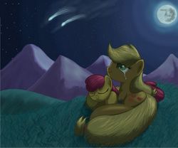 Size: 1800x1500 | Tagged: safe, artist:grennadder, apple bloom, applejack, g4, applejack's parents, crying, mare in the moon, moon, mountain, mountain range, shooting star, sleeping