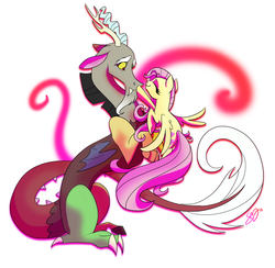 Size: 3048x2974 | Tagged: dead source, safe, artist:probablyfakeblonde, discord, fluttershy, g4, boop, female, male, ship:discoshy, shipping, straight