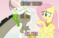 Size: 948x610 | Tagged: safe, discord, fluttershy, g4, keep calm and flutter on, hug, image macro