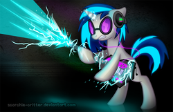 Size: 927x600 | Tagged: safe, artist:scorchie-critter, dj pon-3, vinyl scratch, pony, g4, female, guitar, headphones, magic, musical instrument, solo