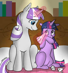 Size: 651x700 | Tagged: safe, artist:lulubell, twilight sparkle, twilight velvet, pony, unicorn, g4, bed, blanket, comforting, comforting twilight, crying, duo, female, magic, mother and daughter, sitting, tissue, unicorn twilight