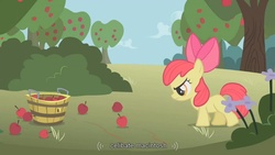 Size: 1023x576 | Tagged: safe, screencap, apple bloom, earth pony, pony, call of the cutie, g4, apple, female, implications, implied big macintosh, solo, youtube caption