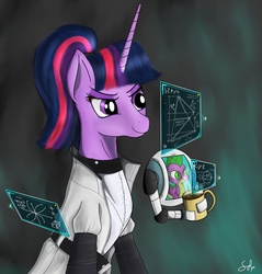 Size: 2864x3000 | Tagged: dead source, safe, artist:steptrool, spike, twilight sparkle, dragon, pony, robot, g4, clothes, high ponytail, lab coat, ponytail, science, science fiction