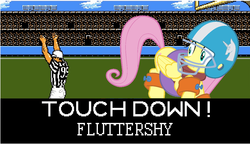 Size: 1195x689 | Tagged: safe, fluttershy, pegasus, pony, g4, american football, female, looking back, mare, sports, tecmo bowl, touchdown, video game