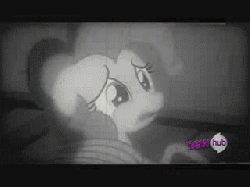 Size: 320x240 | Tagged: safe, screencap, pinkie pie, earth pony, pony, g4, mmmystery on the friendship express, season 2, animated, black and white, bondage, female, grayscale, hub logo, imminent death, peril, rope, scared, solo, the perils of pauline, tied to tracks, tied up, train, train tracks, unsexy bondage, you know for kids