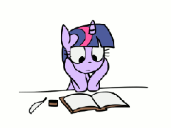 Size: 320x240 | Tagged: safe, artist:karzahnii, twilight sparkle, pony, unicorn, g4, animated, book, bust, facebooking, facedesk, faceplant, female, funny, inkwell, mare, quill, reading, simple background, solo, spilled ink, unicorn twilight, white background