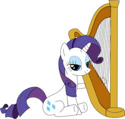 Size: 1128x1074 | Tagged: safe, artist:bronyinsomniac, rarity, pony, unicorn, g4, bedroom eyes, blue eyes, eyeshadow, female, harp, horn, makeup, mare, musical instrument, purple mane, purple tail, simple background, sitting, smiling, solo, tail, transparent background