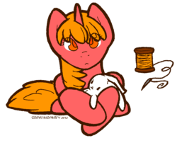 Size: 1208x974 | Tagged: safe, artist:sinclair2013, oc, oc only, pony, rabbit, unicorn, looking at you, needle, prone, simple background, solo, thread, transparent background