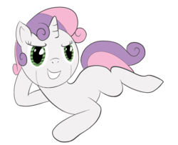 Size: 1600x1300 | Tagged: safe, artist:fantasyglow, sweetie belle, pony, robot, unicorn, g4, draw me like one of your french girls, female, filly, foal, hooves, horn, lying down, simple background, smiling, solo, sweetie bot, teeth, transparent background