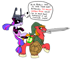 Size: 860x705 | Tagged: safe, artist:metal-kitty, big macintosh, twilight sparkle, earth pony, pony, g4, crossover, link, male, midna, midna sparkle, mouth hold, nintendo, pun, shield, stallion, sword, the legend of zelda, the legend of zelda: twilight princess