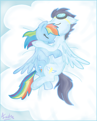 Size: 900x1125 | Tagged: safe, artist:fuutachimaru, rainbow dash, soarin', g4, cloud, cuddling, female, male, ship:soarindash, shipping, snuggling, straight