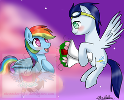 Size: 900x727 | Tagged: safe, artist:the88cherryice, rainbow dash, soarin', g4, female, flower, male, romantic, ship:soarindash, shipping, straight