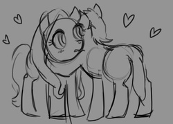 Size: 525x375 | Tagged: safe, artist:buentrabajo, fluttershy, oc, oc:anon, pegasus, pony, g4, 4chan, duo, female, heart, hug, male, mare, monochrome, sketch, stallion