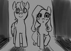 Size: 504x360 | Tagged: safe, artist:buentrabajo, fluttershy, oc, oc:anon, pegasus, pony, g4, 4chan, duo, monochrome, sketch