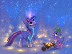 Size: 1000x750 | Tagged: dead source, safe, artist:rom-art, spike, twilight sparkle, dragon, pony, unicorn, g4, clothes, cute, female, glowing horn, horn, mare, scarf, snow, snowfall, sparkles, unicorn twilight, wheelbarrow, winter