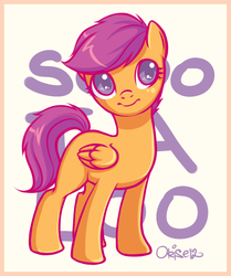 Size: 758x906 | Tagged: dead source, safe, artist:lisaorise, scootaloo, pegasus, pony, g4, abstract background, blank flank, cute, cutealoo, female, filly, foal, folded wings, signature, solo, wings