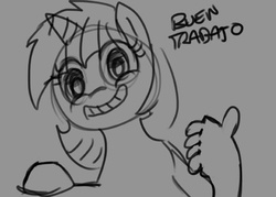 Size: 504x360 | Tagged: safe, artist:buentrabajo, pony, unicorn, buentrabajo, hand, monochrome, sketch, solo, spanish, suddenly hands, thumbs up