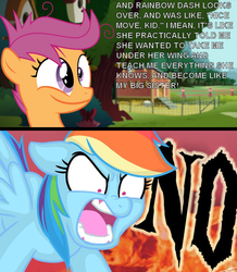 Size: 640x733 | Tagged: safe, rainbow dash, scootaloo, g4, sleepless in ponyville, abuse, messy mane, no, op is a duck, scootabuse