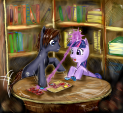 Size: 808x742 | Tagged: safe, artist:kutakoru, twilight sparkle, earth pony, pony, unicorn, g4, book, card game, crossover, female, final fantasy, final fantasy viii, male, mare, ponified, squall leonhart, stallion