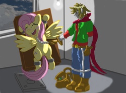 Size: 1725x1275 | Tagged: safe, artist:horrormage, fluttershy, oc, human, pegasus, pony, g4, blushing, bondage, feather, non-mlp oc, tickle torture, tickling