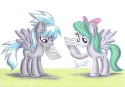 Size: 2329x1632 | Tagged: safe, artist:patoriotto, cloudchaser, flitter, g4, bow, paper, reading, ribbon, traditional art