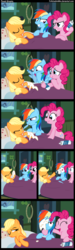 Size: 1200x4000 | Tagged: safe, artist:coltsteelstallion, applejack, pinkie pie, rainbow dash, earth pony, pegasus, pony, g4, backfire, bed, comic, feather, female, food, laughing, mare, prank, sleeping, tickling, tower of pimps, whipped cream