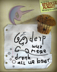 Size: 356x450 | Tagged: safe, artist:ponyweed, derpy hooves, pegasus, pony, g4, beer, derp, donnie darko, female, i emptied your fridge, kilroy was here, letter, magnet, mare, muffin, nightmare night, nightmare night symbol, note, ominous, parody, refrigerator, writing