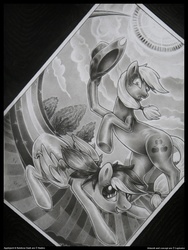 Size: 1179x1566 | Tagged: safe, artist:lupinator, applejack, rainbow dash, g4, monochrome, sonic rainboom, traditional art