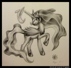 Size: 846x811 | Tagged: safe, artist:lupinator, princess celestia, pony, g4, female, monochrome, quill, scroll, solo, traditional art