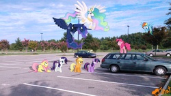 Size: 2681x1508 | Tagged: safe, artist:ojhat, applejack, derpy hooves, fluttershy, pinkie pie, princess celestia, princess luna, rainbow dash, rarity, twilight sparkle, pegasus, pony, g4, car, female, mane six, mare, parking lot, ponies in real life, station wagon, vector