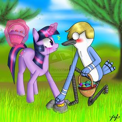 Size: 900x900 | Tagged: dead source, safe, artist:leffenkitty, twilight sparkle, g4, blondecai, crossover, deviantart watermark, male, mordecai, mordetwi, obtrusive watermark, regular show, shipping, watermark