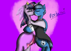 Size: 1037x744 | Tagged: safe, artist:voidless-rogue, twilight sparkle, pony, unicorn, g4, crossover, duo, female, kissing, male, mare, mordecai, mordetwi, ponified, regular show, shipping, stallion, unicorn twilight