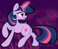 Size: 393x333 | Tagged: safe, artist:cluttercluster, twilight sparkle, pony, g4, angry, female, glowing horn, horn, looking back, solo