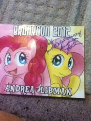 Size: 720x960 | Tagged: safe, fluttershy, pinkie pie, g4, andrea libman, autograph, irl, signature