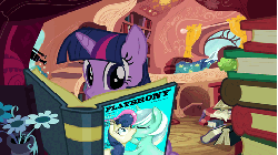Size: 480x270 | Tagged: safe, artist:dtkraus, artist:w1kk3d, bon bon, lyra heartstrings, sweetie drops, twilight sparkle, pony, unicorn, g4, animated, blushing, book, caught, female, fourth wall, golden oaks library, lesbian, looking at you, mare, playbrony, reading, shrunken pupils, solo, wide eyes
