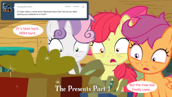 Size: 1280x720 | Tagged: safe, apple bloom, scootaloo, sweetie belle, earth pony, pegasus, pony, unicorn, ask the crusaders, comic:the presents, g4, ask, cutie mark crusaders, drool, female, filly, foal, open mouth, trio, trio female, tumblr