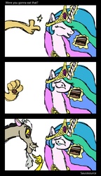 Size: 2126x3685 | Tagged: safe, artist:sausesource, discord, princess celestia, g4, cake, cakelestia, comic, crying, discord being discord, no mouth, no nose