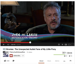 Size: 648x557 | Tagged: safe, discord, g4, bronies: the extremely unexpected adult fans of my little pony, bronydoc, john de lancie, text, trolling, youtube