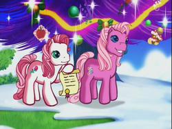 Size: 640x480 | Tagged: safe, screencap, desert rose, pinkie pie (g3), a very minty christmas, g3, christmas tree, scroll, tree