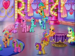 Size: 640x480 | Tagged: safe, screencap, blue moon (g3), bumble hum, fine shine, flutter line, fly wishes, lily lightly, minty, night shine, pinkie pie (g3), rise-a-shine, shine-a-belle, earth pony, pony, unicorn, a very pony place, come back lily lightly, g3, background pony, bumblebetes, castle, clothes, crowd, crystal rainbow castle, curtains, cute, dancing, dress, female, fineabetes, flyadorable, g3 diapinkes, g3 nightabetes, g3 shineabetes, glowing, group, group shot, lights, lily cutely, mare, mintabetes, on top, party, riseabetes, sitting, window