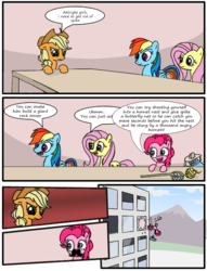 Size: 1553x2036 | Tagged: safe, artist:mrfancy, applejack, fluttershy, pinkie pie, rainbow dash, g4, my little pony: friendship is magic, spike at your service, comic, defenestration, employer meme, exploitable meme, moustache