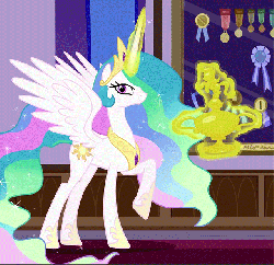 Size: 640x620 | Tagged: safe, princess celestia, let's go and meet the bronies, g4, animated, bronies: the extremely unexpected adult fans of my little pony, bronydoc, female, magic, trophy, wink