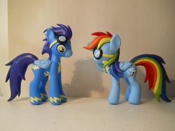 Size: 2048x1536 | Tagged: safe, artist:earthenpony, rainbow dash, soarin', g4, customized toy, irl, photo, sculpture, wonderbolts uniform