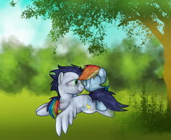 Size: 900x733 | Tagged: safe, artist:commypink, rainbow dash, soarin', g4, female, male, ship:soarindash, shipping, straight, tree