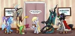 Size: 2653x1281 | Tagged: safe, artist:herny, derpy hooves, discord, king sombra, queen chrysalis, trixie, draconequus, pegasus, pony, unicorn, g4, antagonist, clipboard, conversion, female, group, hilarious in hindsight, male, mare, quintet, rehab, stallion