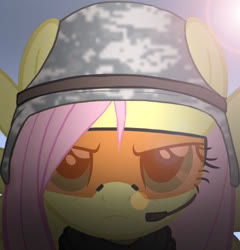 Size: 625x650 | Tagged: safe, artist:gamermac, fluttershy, pony, g4, bust, female, goggles, headset, helmet, portrait, serious face, solo