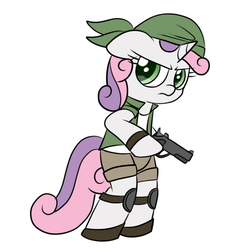 Size: 800x800 | Tagged: safe, artist:scramjet747, sweetie belle, pony, unicorn, semi-anthro, g4, crossover, eri kasamoto, metal slug, simple background, solo, white background