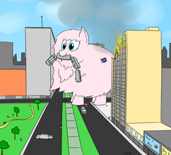 Size: 2200x2000 | Tagged: safe, artist:rapidstrike, oc, oc only, oc:fluffle puff, pony, city, giant pony, giantess, macro, mouth hold, train